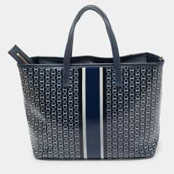 Pre Owned Tory Burch Gemini Link Blue Coated Canvas and Leather Top Zip Tote