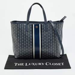 Pre Owned Tory Burch Gemini Link Blue Coated Canvas and Leather Top Zip Tote