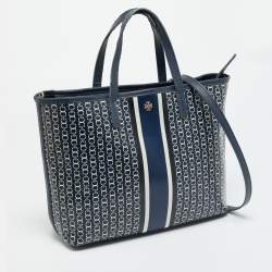 Pre Owned Tory Burch Gemini Link Blue Coated Canvas and Leather Top Zip Tote