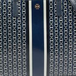 Pre Owned Tory Burch Gemini Link Blue Coated Canvas and Leather Top Zip Tote