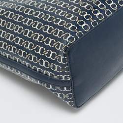 Pre Owned Tory Burch Gemini Link Blue Coated Canvas and Leather Top Zip Tote