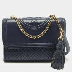 مملوكة مسبقًا Tory Burch Fleming Small Navy Blue Leather Shoulder Bag