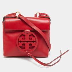 Pre Owned Tory Burch Miller Red Leather Logo Flap Crossbody Bag