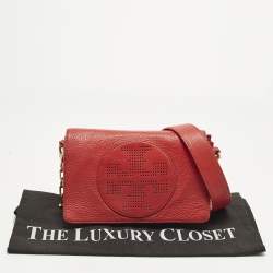 مملوكة مسبقًا Tory Burch Perforated Logo Flap Red Leather Crossbody Bag