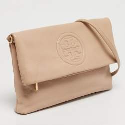 Pre Owned Tory Burch Thea Fold Over Beige Leather Crossbody Bag