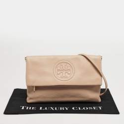 Pre Owned Tory Burch Thea Fold Over Beige Leather Crossbody Bag
