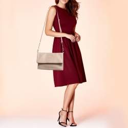 Pre Owned Tory Burch Thea Fold Over Beige Leather Crossbody Bag