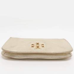 Pre Owned Tory Burch Britten Gold Leather Flap Crossbody Bag