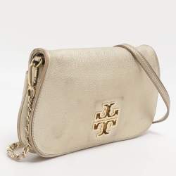 Pre Owned Tory Burch Britten Gold Leather Flap Crossbody Bag