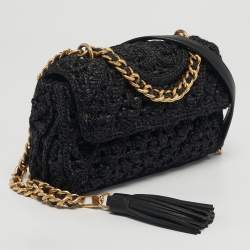Pre Owned Tory Burch Fleming Crochet Small Black Straw Shoulder Bag