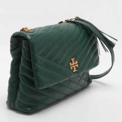 Pre Owned Tory Burch Kira Green Chevron Leather Shoulder Bag