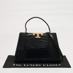Pre Owned Tory Burch Eleanor Black Croc Embossed Leather Top Handle Bag