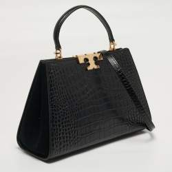Pre Owned Tory Burch Eleanor Black Croc Embossed Leather Top Handle Bag