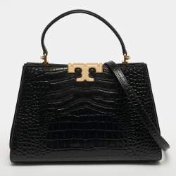 Pre Owned Tory Burch Eleanor Black Croc Embossed Leather Top Handle Bag