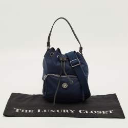 Pre Owned Tory Burch Virginia Navy Blue Nylon Bucket Bag