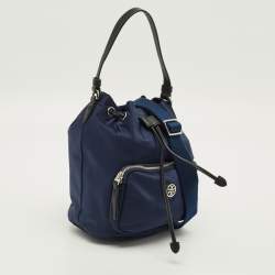 Pre Owned Tory Burch Virginia Navy Blue Nylon Bucket Bag