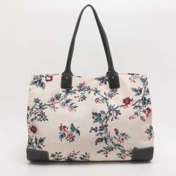 Pre Owned Tory Burch Ella Onesize Green/Multicolor Lyonnaise Floral Print Leather and Nylon Shopper Tote