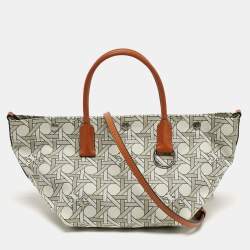 Pre Owned Tory Burch Basketweave Small Beige Canvas Tote