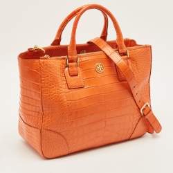 مملوكة مسبقًا Tory Burch Robinson Double Zip Large Orange Croc Embossed Leather Tote