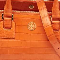 مملوكة مسبقًا Tory Burch Robinson Double Zip Large Orange Croc Embossed Leather Tote
