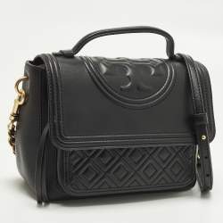 Pre Owned Tory Burch Fleming Black Leather Top Handle Bag