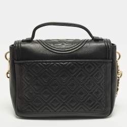 Pre Owned Tory Burch Fleming Black Leather Top Handle Bag