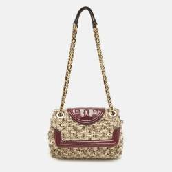 Pre Owned Tory Burch Fleming Flap Small Burgundy/Beige Quilted Leather and Tweed Shoulder Bag