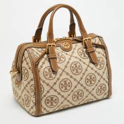 Pre Owned Tory Burch T Monogram Jacquard Tan/Beige Canvas and Leather Duffel Bag