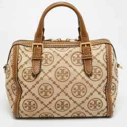 Pre Owned Tory Burch T Monogram Jacquard Tan/Beige Canvas and Leather Duffel Bag