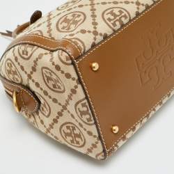 Pre Owned Tory Burch T Monogram Jacquard Tan/Beige Canvas and Leather Duffel Bag