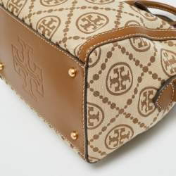 Pre Owned Tory Burch T Monogram Jacquard Tan/Beige Canvas and Leather Duffel Bag