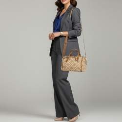 Pre Owned Tory Burch T Monogram Jacquard Tan/Beige Canvas and Leather Duffel Bag