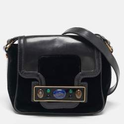 Pre Owned Tory Burch Crystal Embellished Black Leather and Velvet Flap Crossbody Bag
