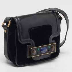 Pre Owned Tory Burch Crystal Embellished Black Leather and Velvet Flap Crossbody Bag