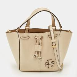 Pre Owned Tory Burch Mcgraw Dragonfly Beige Leather Drawstring Tote