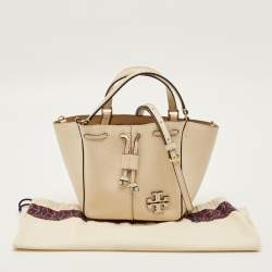 Pre Owned Tory Burch Mcgraw Dragonfly Beige Leather Drawstring Tote