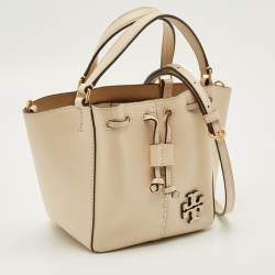 Pre Owned Tory Burch Mcgraw Dragonfly Beige Leather Drawstring Tote