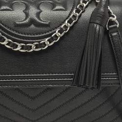 Pre Owned Tory Burch Fleming Black Leather Distressed Flap Shoulder Bag