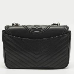 Pre Owned Tory Burch Fleming Black Leather Distressed Flap Shoulder Bag