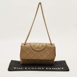 Pre Owned Tory Burch Fleming Beige Quilted Leather Shoulder Bag