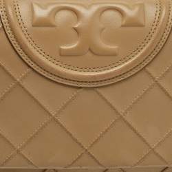 Pre Owned Tory Burch Fleming Beige Quilted Leather Shoulder Bag