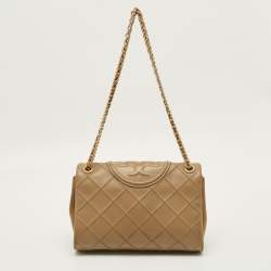 Pre Owned Tory Burch Fleming Beige Quilted Leather Shoulder Bag