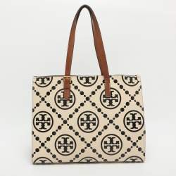 مملوكة مسبقًا حقيبة يد توتس توري برش حرف ت مونوغرام محفور جلد أسود/أبيض مظلل متباين