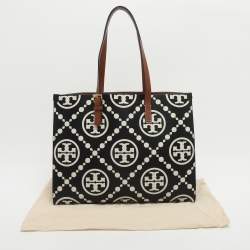 Pre Owned Tory Burch Monogram T Embossed Black/Off White Leather Contrast Tote