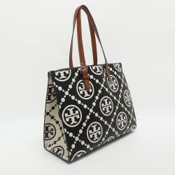 Pre Owned Tory Burch Monogram T Embossed Black/Off White Leather Contrast Tote