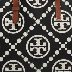 Pre Owned Tory Burch Monogram T Embossed Black/Off White Leather Contrast Tote