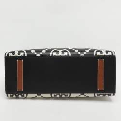 Pre Owned Tory Burch Monogram T Embossed Black/Off White Leather Contrast Tote