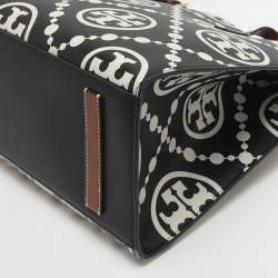 Pre Owned Tory Burch Monogram T Embossed Black/Off White Leather Contrast Tote