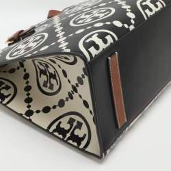 Pre Owned Tory Burch Monogram T Embossed Black/Off White Leather Contrast Tote