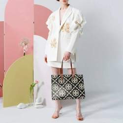 Pre Owned Tory Burch Monogram T Embossed Black/Off White Leather Contrast Tote